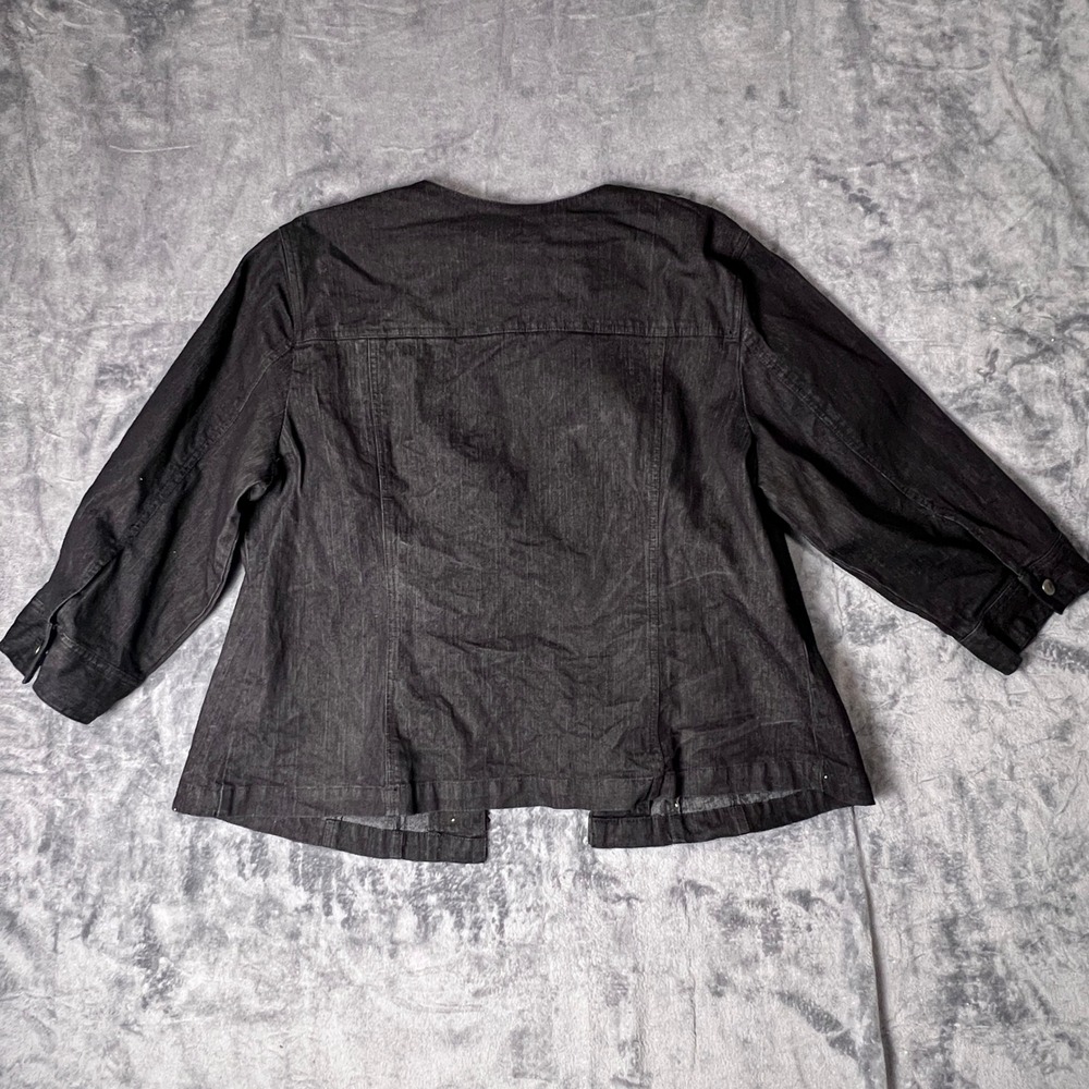 Ruby Rd Woman Black Denim Rhinestone Ruffle Open Front Jacket 18W 3/4 Sleeve - Picture 2 of 9